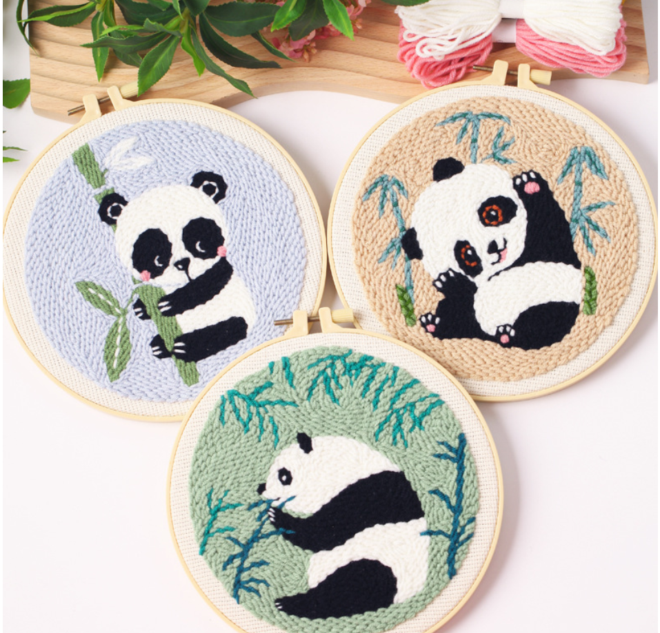 Lovely panda punch needle kit, Punch Embroidery Kits for Adults Beginner, Tool with Punch Needle Fabric, Hoops, Yarns and Sewing Needles