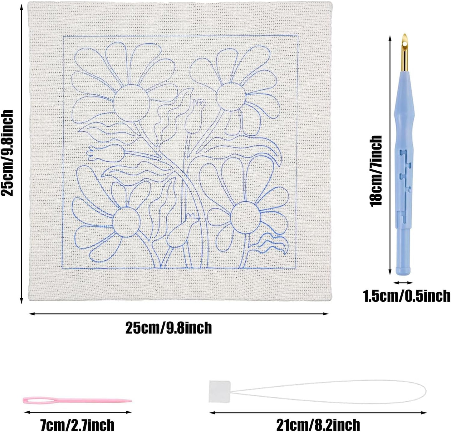 Punch Needle Kit Frame - Square Fabric with Flower Pattern, Hoop, Yarns, Embroidery Kit (Green and White)