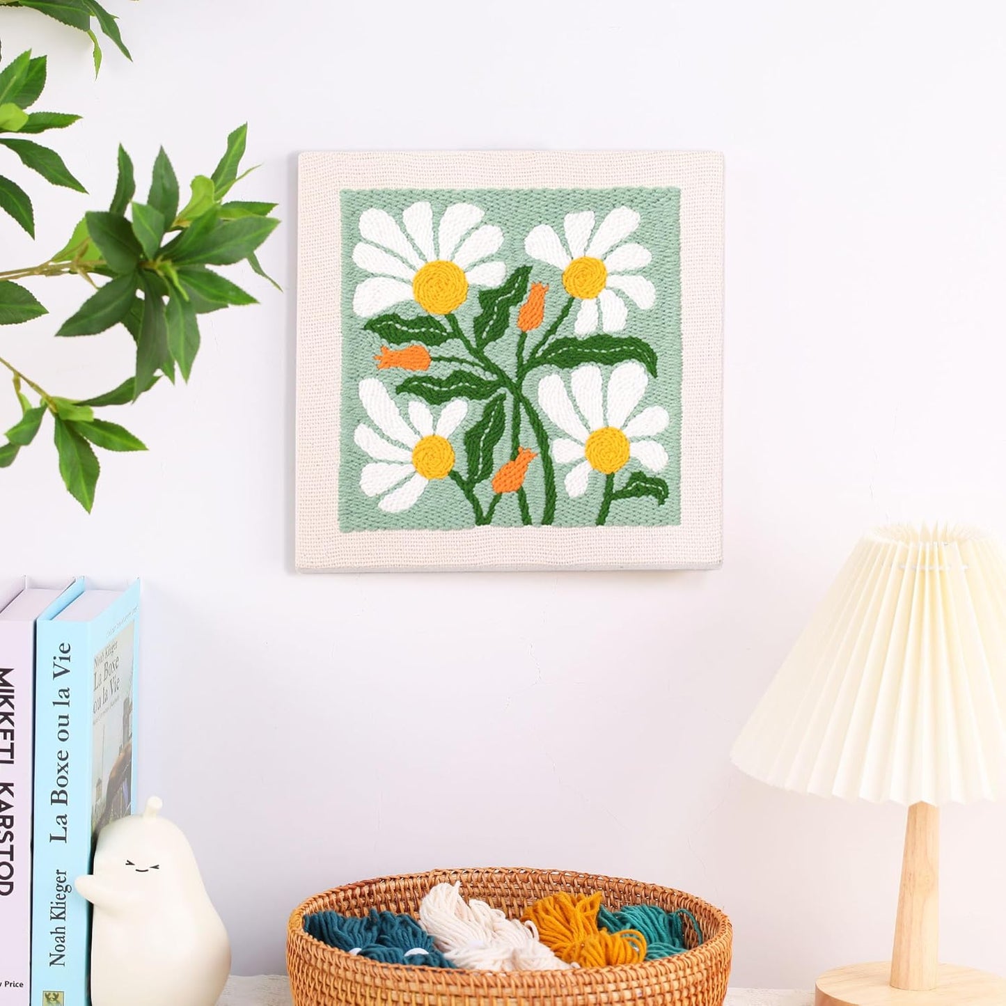 Punch Needle Kit Frame - Square Fabric with Flower Pattern, Hoop, Yarns, Embroidery Kit (Green and White)
