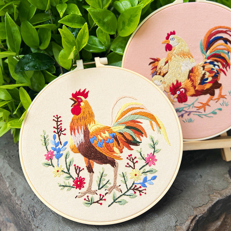 -Rooster-Embroidery kit for beginner,cross stitch embroidery sets with round hoop,thread,fabric,pattern