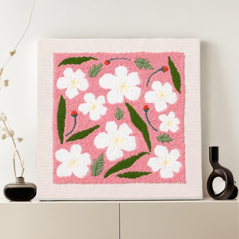 Punch needle-Pink and green flower,Punch Embroidery Kits for Adults Beginner, Tool with Punch Needle Fabric, Hoops, Yarns and Sewing Needles
