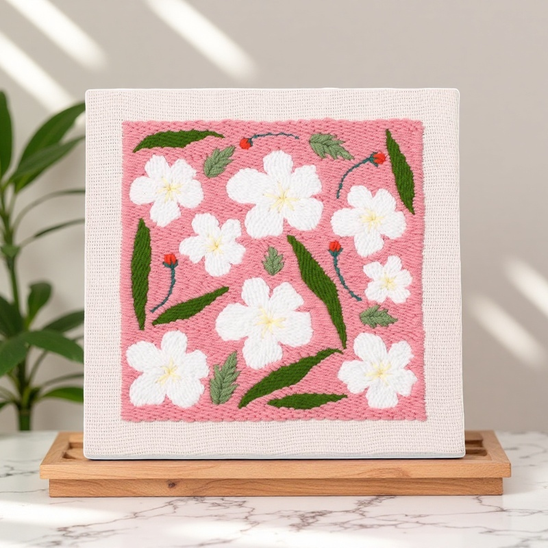 Punch needle-Pink and green flower,Punch Embroidery Kits for Adults Beginner, Tool with Punch Needle Fabric, Hoops, Yarns and Sewing Needles