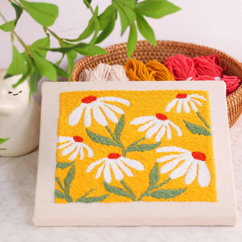Punch Needle Kit Frame - Square Fabric with Flower Pattern(Green and Yellow)