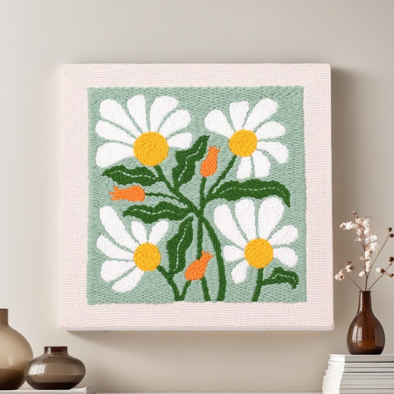 Punch Needle Kit Frame - Square Fabric with Flower Pattern, Hoop, Yarns, Embroidery Kit (Green and White)