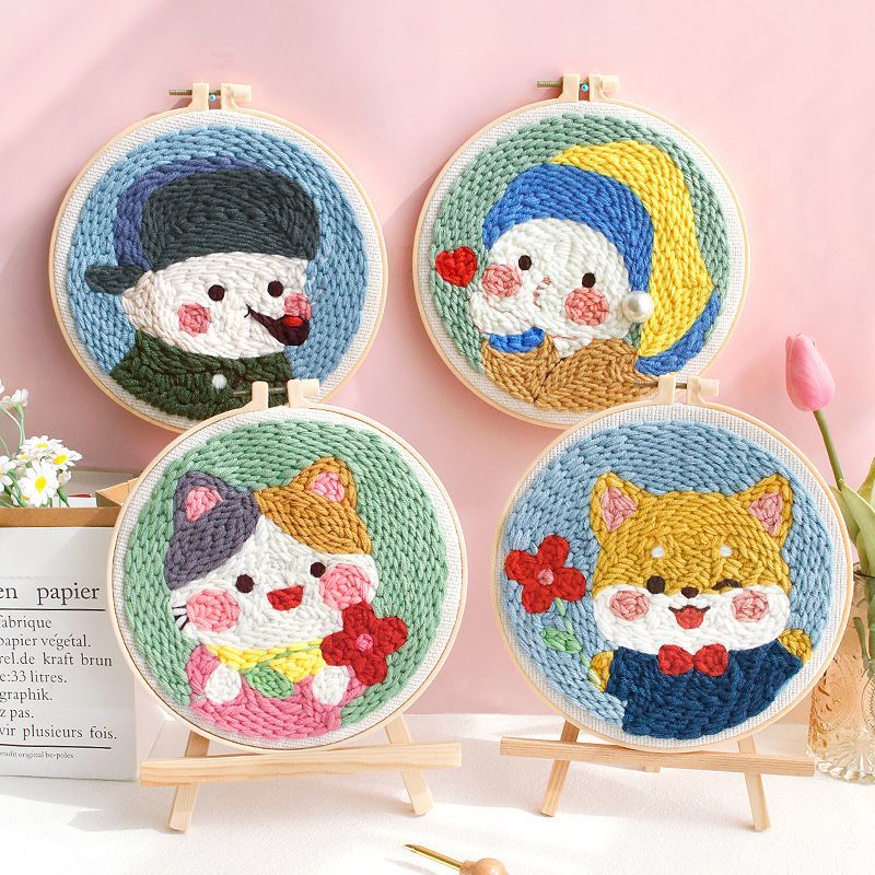 4pcs punch needle kits,Punch Embroidery Kits for Adults Beginner, Tool with Punch Needle Fabric, Hoops, Yarns and Sewing Needles