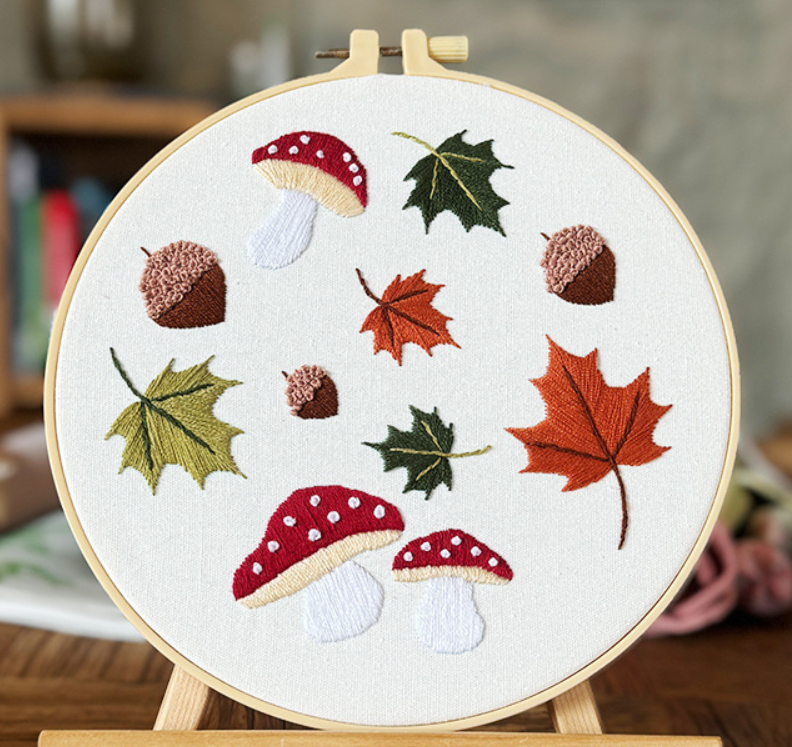 Acorn mushroom maple leaves embroidery pattern