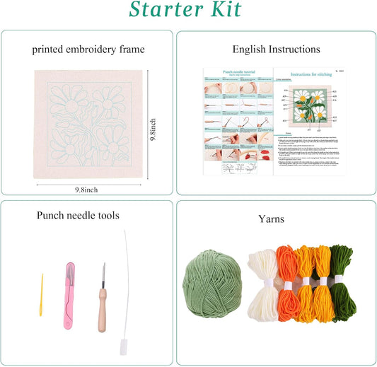 Punch needle-Pink and green flower,Punch Embroidery Kits for Adults Beginner, Tool with Punch Needle Fabric, Hoops, Yarns and Sewing Needles