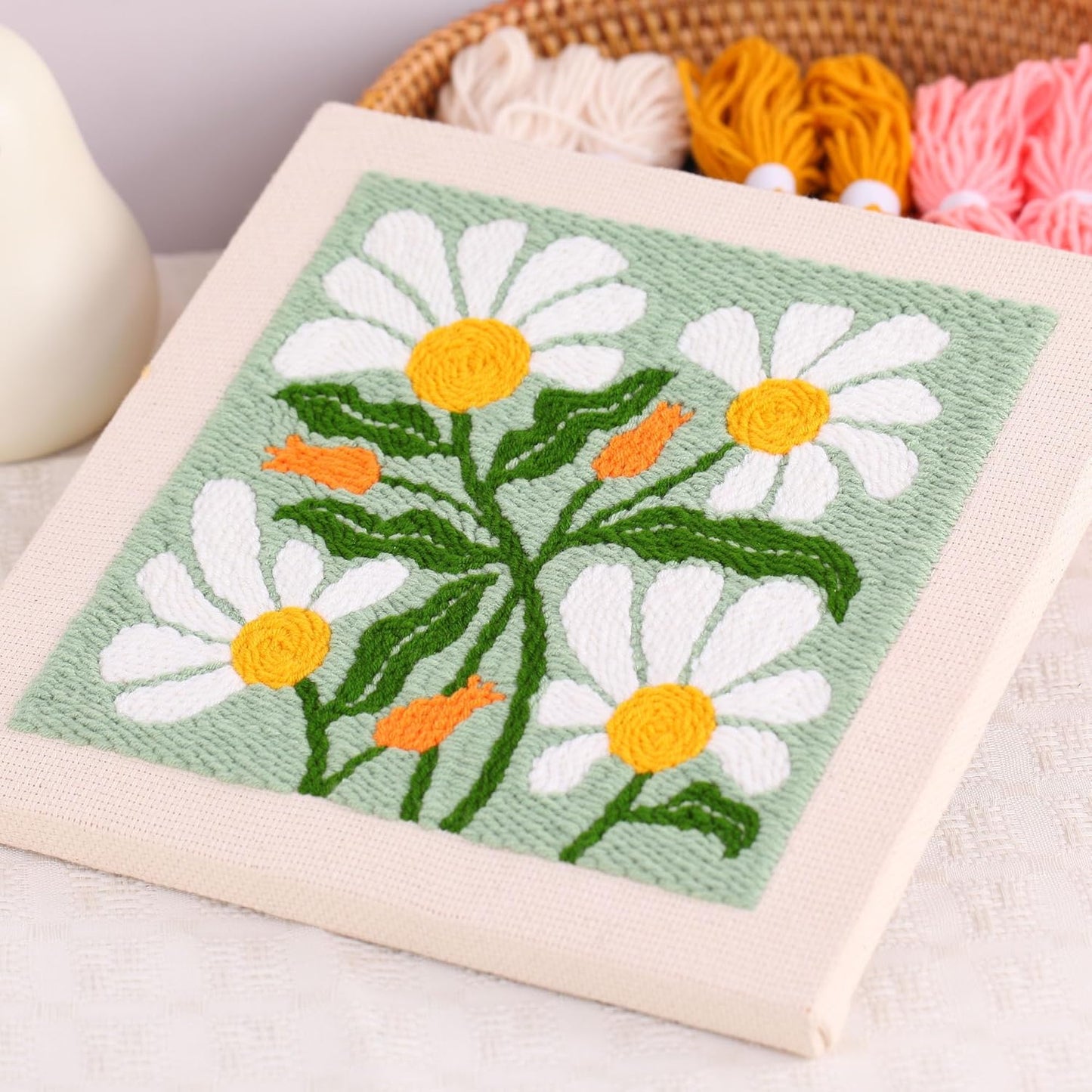 Punch Needle Kit Frame - Square Fabric with Flower Pattern, Hoop, Yarns, Embroidery Kit (Green and White)