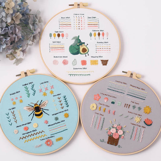 Basic stitch learning material kits-Embridery whole set with hoop,fabric,floss,