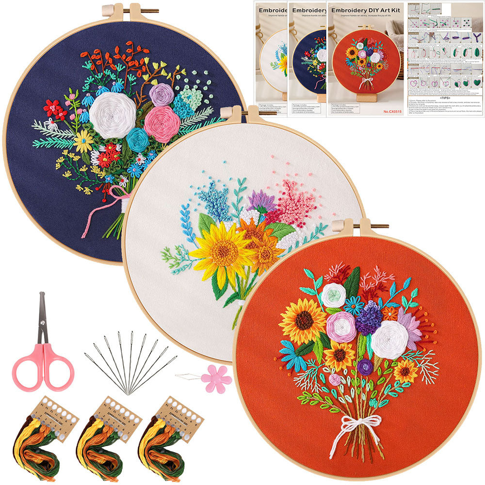 Flower bouquet-embroidery kits for beginner with round hoop,pattern,fabric,thread