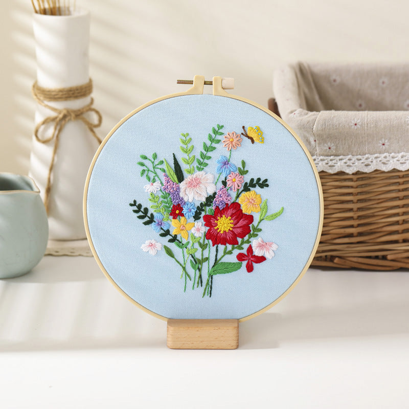 Flower bouquet-embroidery kits for beginner with round hoop,pattern,fabric,thread
