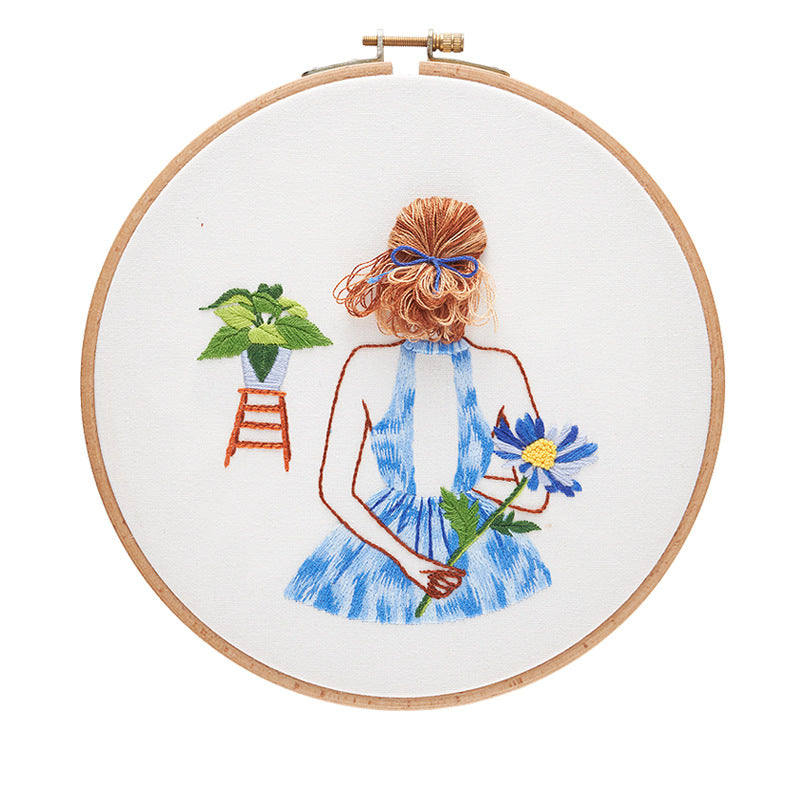 Beautiful Girl -Embroidery kit for beginner with round hoop,thread,fabric,pattern
