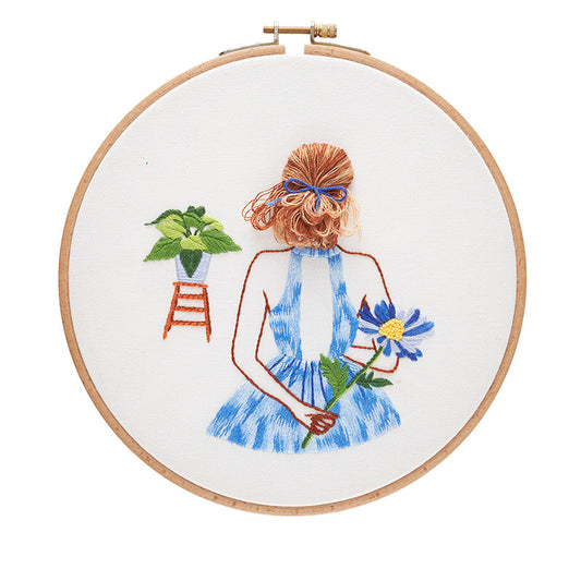 Beautiful Girl -Embroidery kit for beginner with round hoop,thread,fabric,pattern