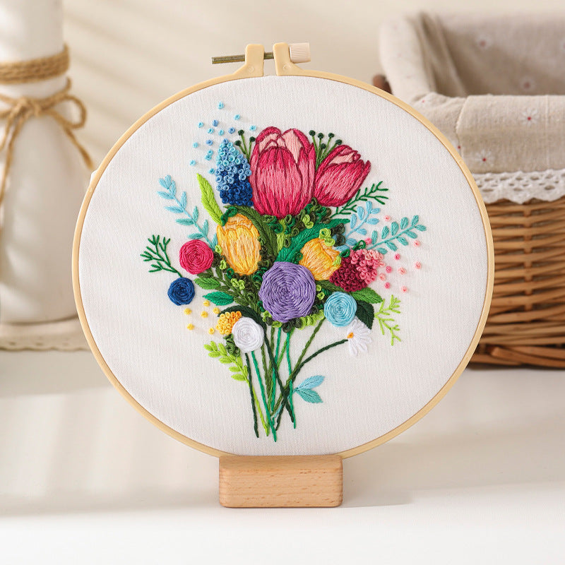 Flower bouquet-embroidery kits for beginner with round hoop,pattern,fabric,thread