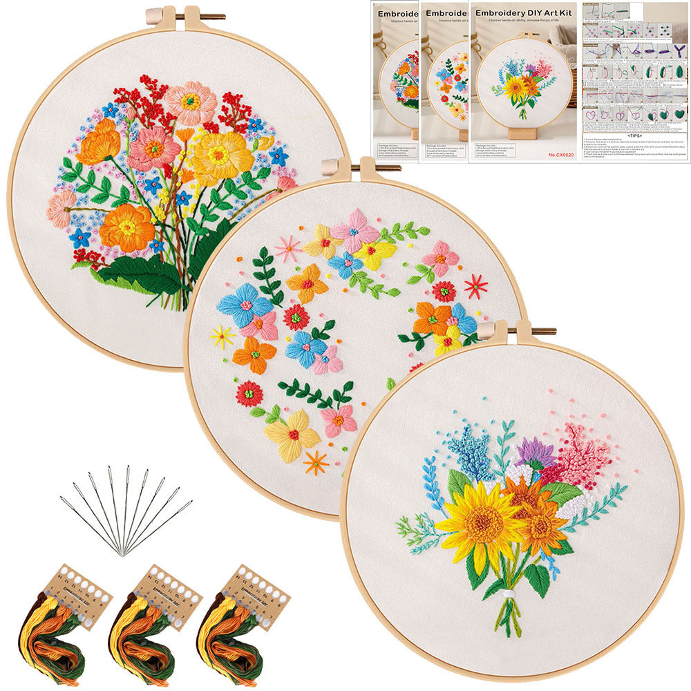 Flower bouquet-embroidery kits for beginner with round hoop,pattern,fabric,thread