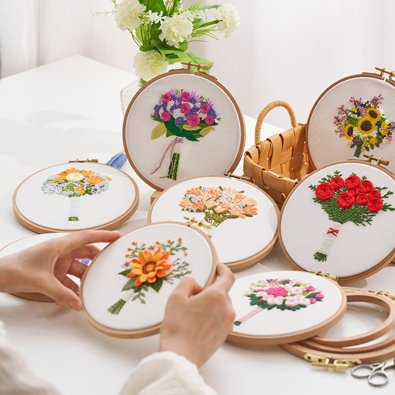 Embroidery kits for beginners-flower banquet handmde for home wall decoration with hoop,thread,yarn,fabric