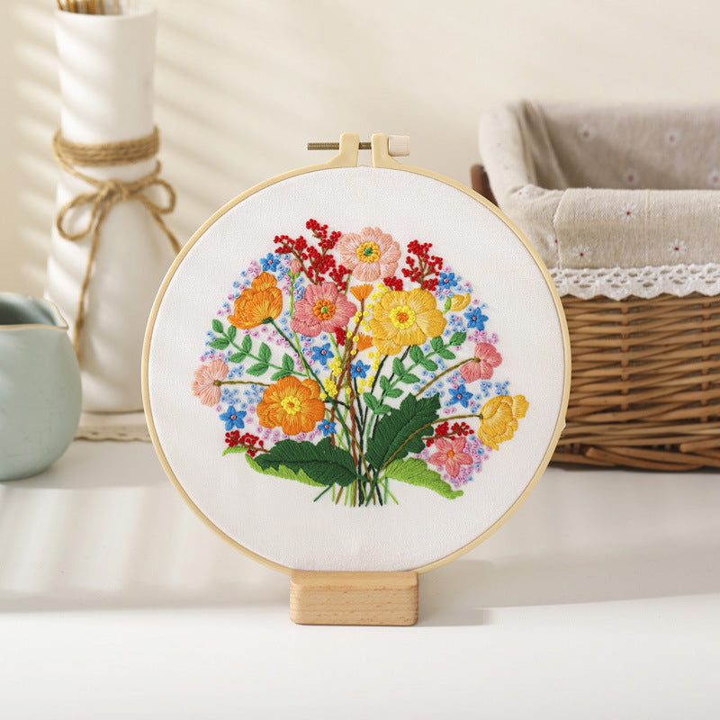 Flower bouquet-embroidery kits for beginner with round hoop,pattern,fabric,thread