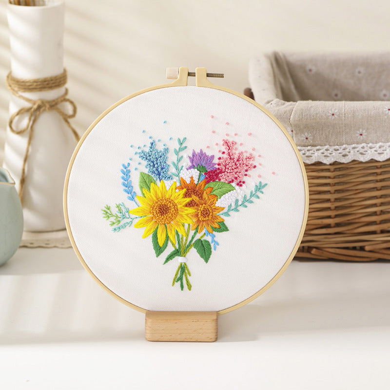 Flower bouquet-embroidery kits for beginner with round hoop,pattern,fabric,thread