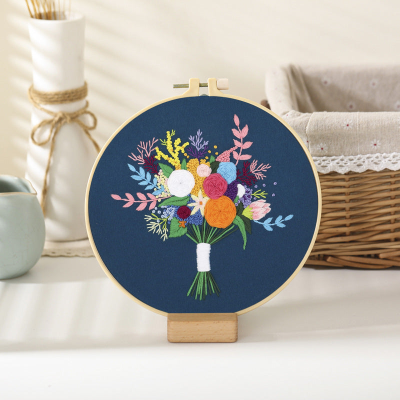 Flower bouquet-embroidery kits for beginner with round hoop,pattern,fabric,thread