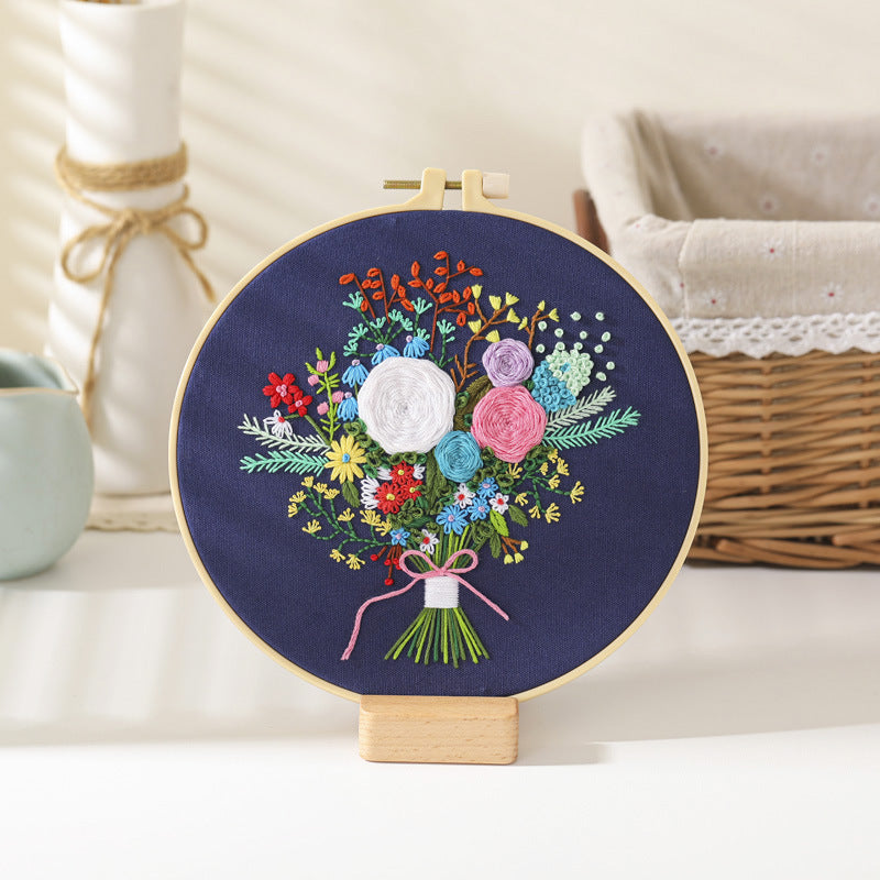 Flower bouquet-embroidery kits for beginner with round hoop,pattern,fabric,thread