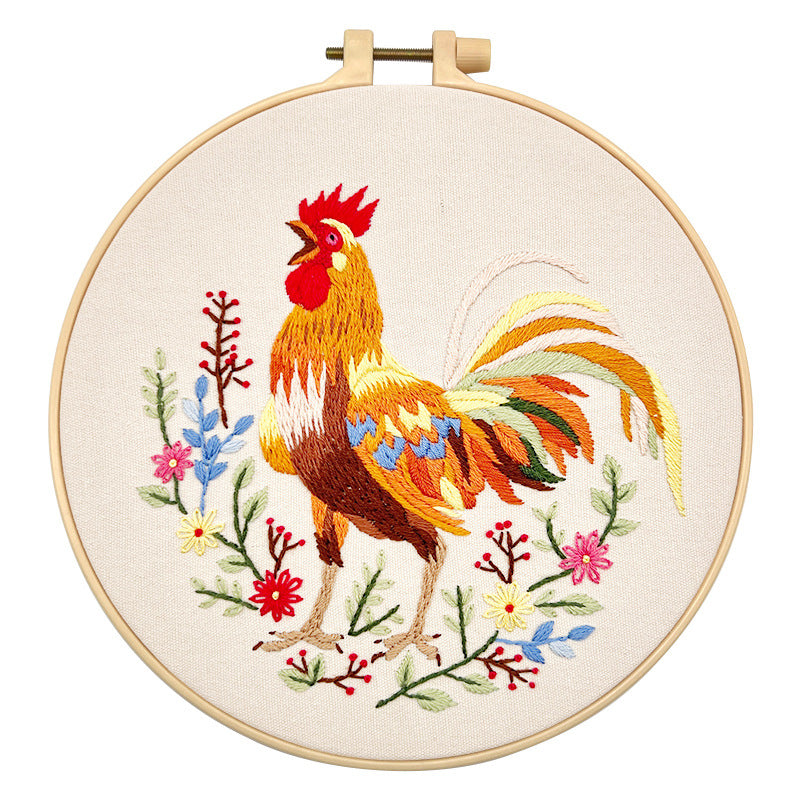 -Rooster-Embroidery kit for beginner,cross stitch embroidery sets with round hoop,thread,fabric,pattern