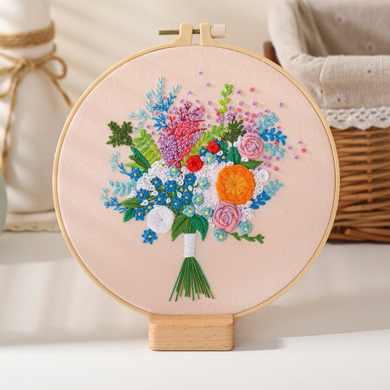 Flower bouquet-embroidery kits for beginner with round hoop,pattern,fabric,thread