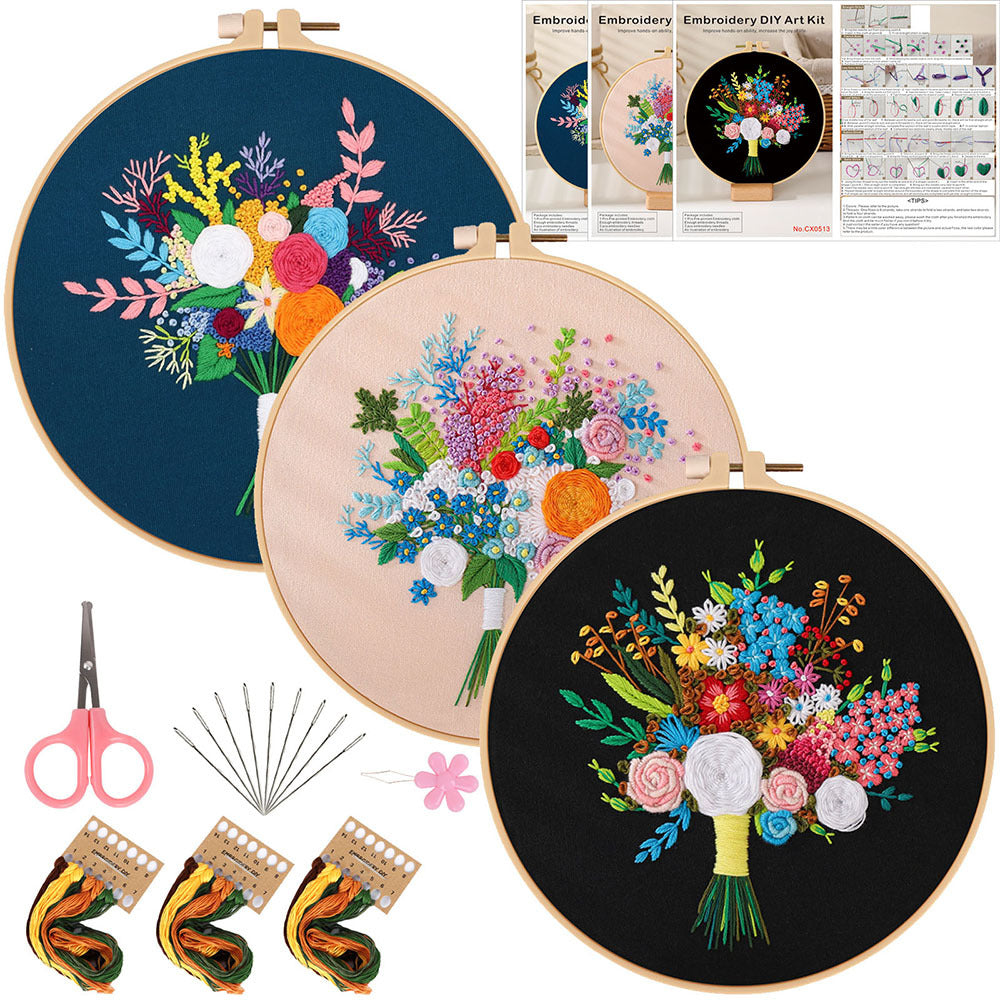 Flower bouquet-embroidery kits for beginner with round hoop,pattern,fabric,thread