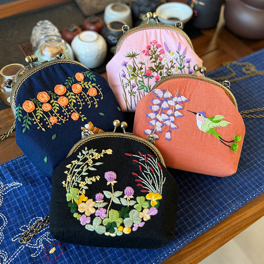 Embroidery Shoulder bag gold open,diy handmade creative money bag material kits for women,for gift