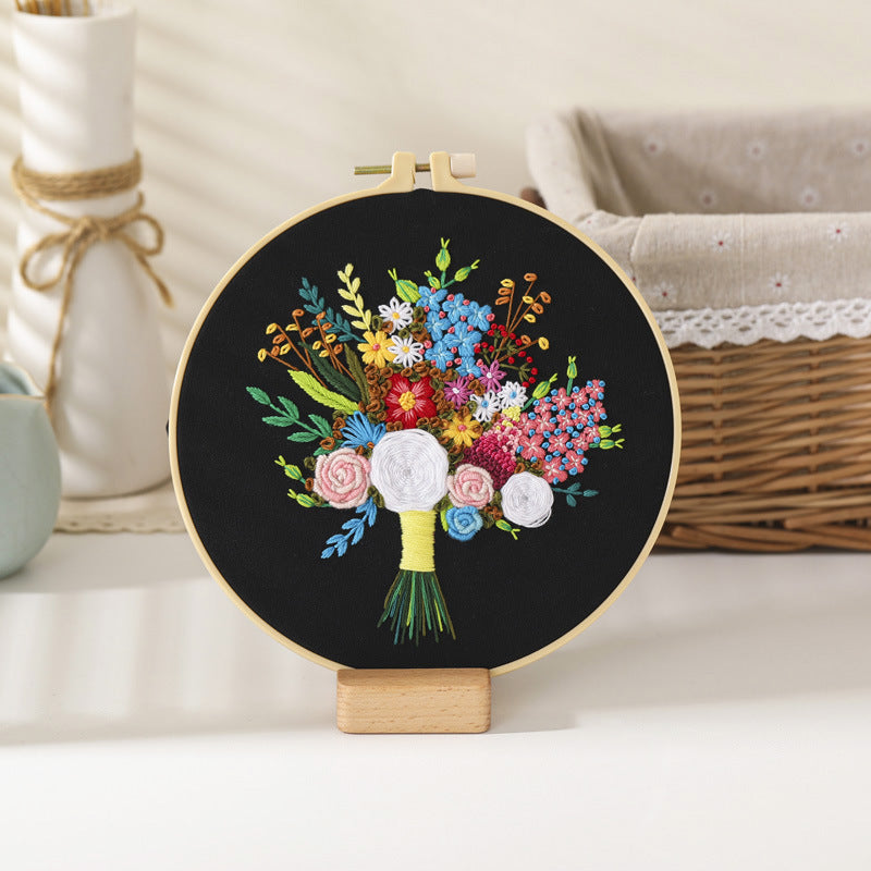 Flower bouquet-embroidery kits for beginner with round hoop,pattern,fabric,thread