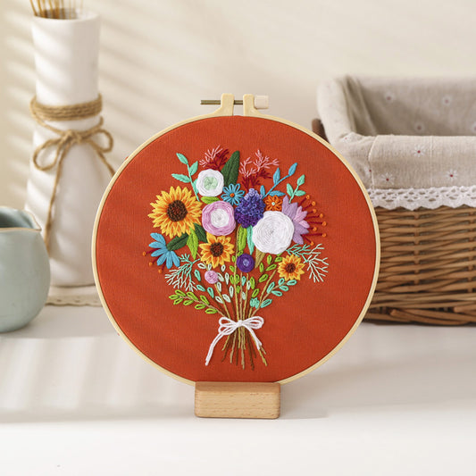 Flower bouquet-embroidery kits for beginner with round hoop,pattern,fabric,thread
