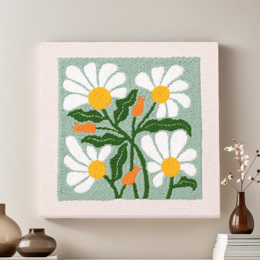 Punch Needle Kit Frame - Square Fabric with Flower Pattern, Hoop, Yarns, Embroidery Kit (Green and White)