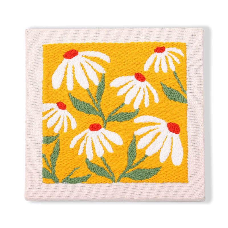 Punch Needle Kit Frame - Square Fabric with Flower Pattern(Green and Yellow)